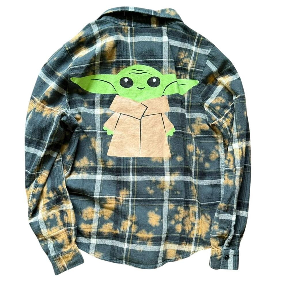 Star Wars Baby Yoda Plaid Flannel Shirt XS Bleach Dye Button-Up